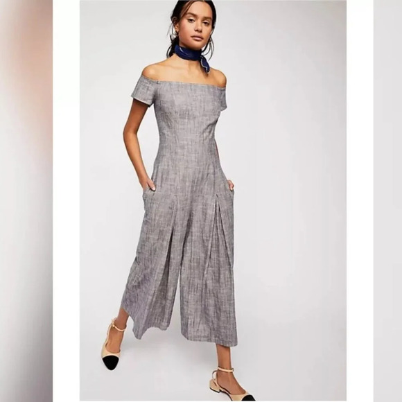Free People Pants - Free People Women’s Jumpsuit Rumi Blue Off The Shoulder Pleated Wide Leg Size 12